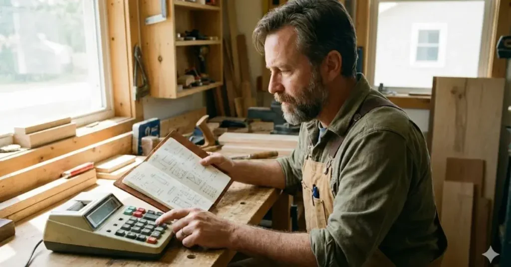 Emprendedor-en-su-microempresa-usando-una-máquina-sumadora-y-una- libreta-para-identificar-errores-contables