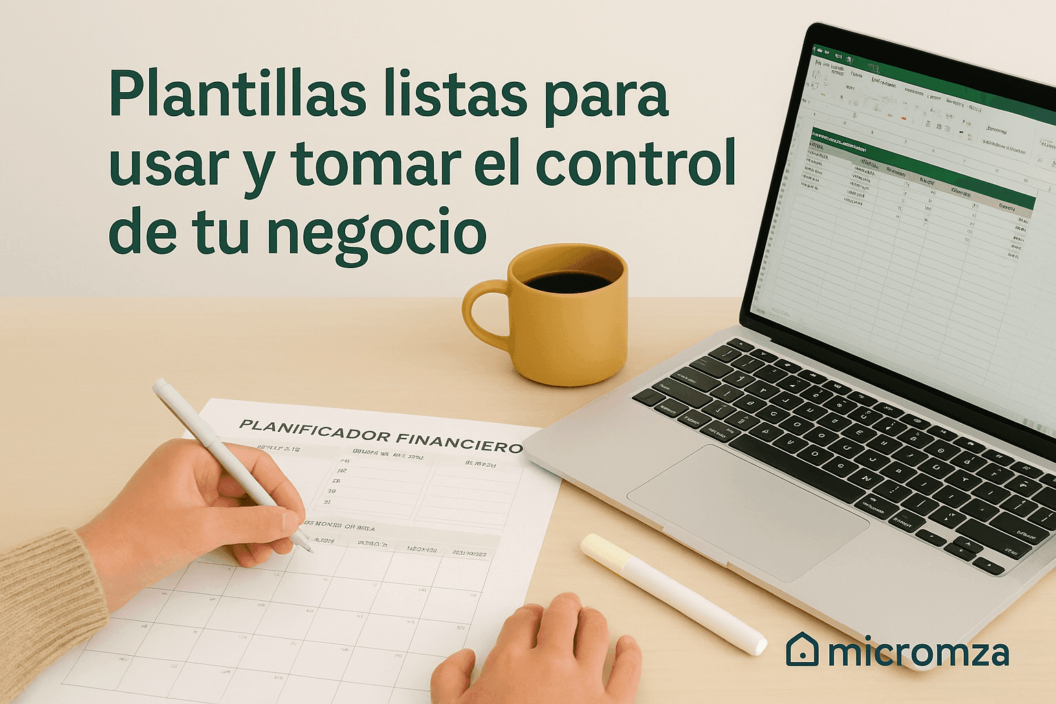 Persona-organizando- su-planificación -financiera-con-una plantilla-impresa-y- una-hoja-de-cálculo- en-laptop, acompañada-de-una- taza-de-café- sobre- escritorio-claro-Texto- promocional- Recursos-descargables