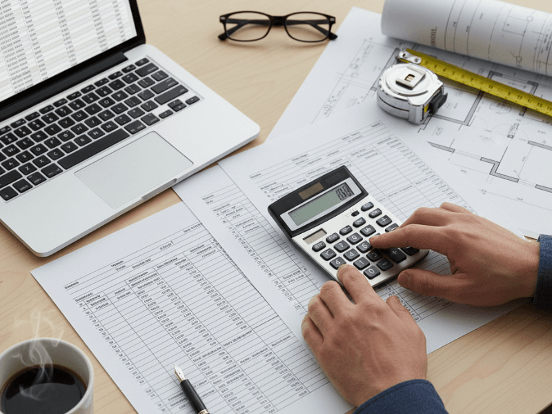 Persona-calculando-presupuesto-de-casa-con-planos-y-calculadora