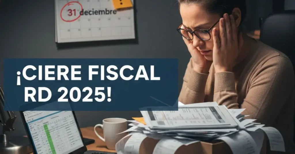 Cierre Fiscal RD 2025: Emprendedora organizando facturas y documentos contables antes del 31 de diciembre