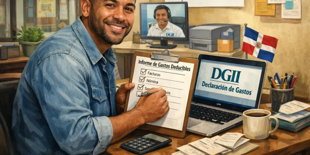 Emprendedor dominicano registrando y reportando gastos deducibles a la DGII R.D desde su negocio, organizando facturas y declaraciones de impuestos de forma clara y legal.