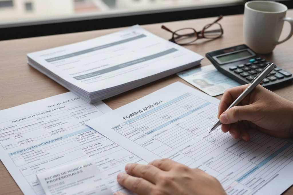 Persona completando el Formulario IR-1 de 2026 junto a facturas, recibos y una calculadora sobre un escritorio. declaración de ISR para personas físicas en RD