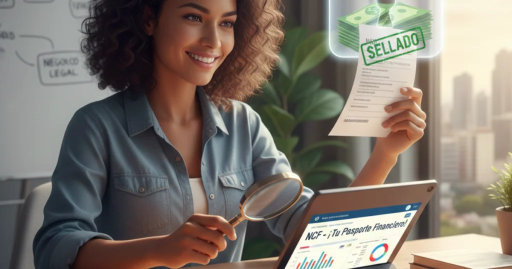 ilustracion-de-una-emprendedora-con-informe-de-buscando-con-lupa-los-NCF-para-mostrar-que-es-el-CNF-y-como-funciona-para-emprendedores