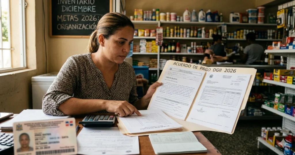 Emprendedora dominicana organizando documentos y requisitos para solicitar un acuerdo de pago DGII en 2026