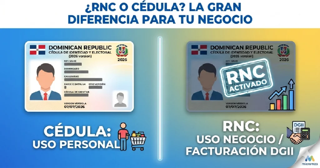 Infografía de Micromza que responde a la duda: ¿Cédula o RNC? Diferencias clave para facturar ante la DGII en República Dominicana.
