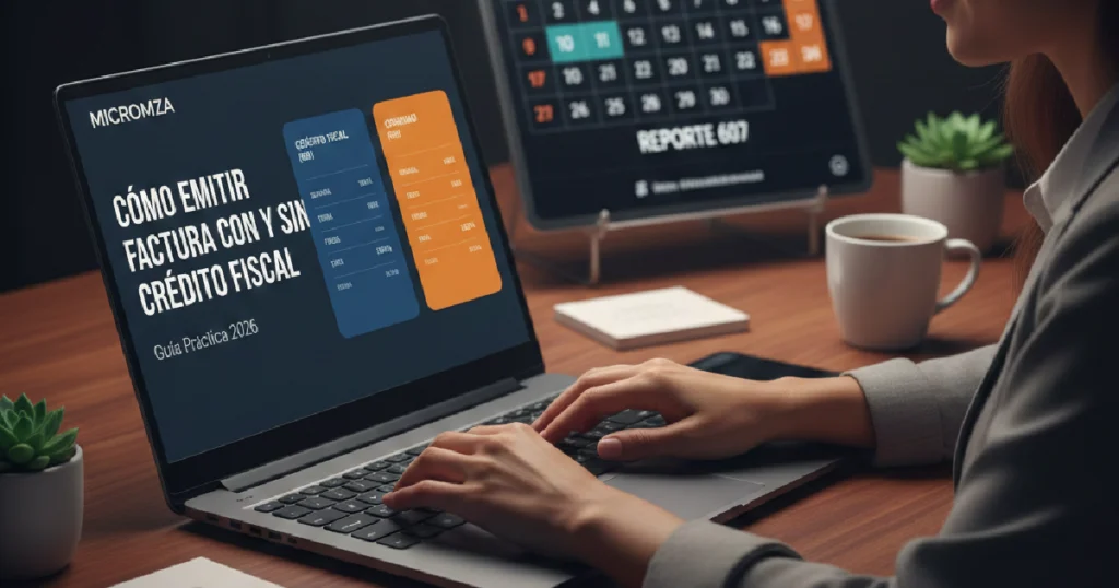 Una emprendedora dominicana frente a su laptop aprendiendo cómo emitir una factura con y sin crédito fiscal en 2026.