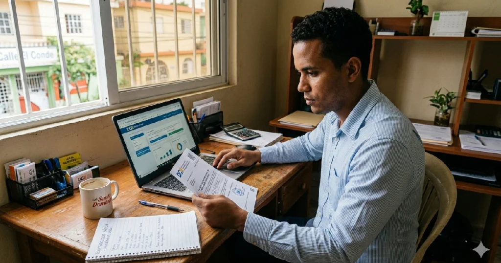 Un emprendedor dominicano en su oficina de Santo Domingo, revisando una Multa y notificaciónes oficial de la DGII y su Oficina Virtual en una laptop