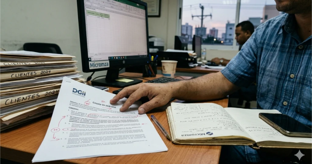 Fotografía de un micro-emprendedor dominicano revisando y anotando la Circular 03-2026 DGII en su escritorio de oficina, buscando un acuerdo de pago para reducir recargos.