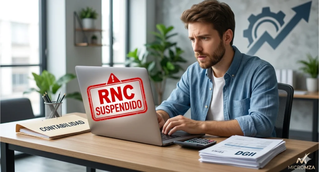 Un emprendedor preocupado revisa en su laptop el estatus de su RNC Suspendido en la Oficina Virtual de la DGII, con documentos de contabilidad de Micromza sobre el escritorio