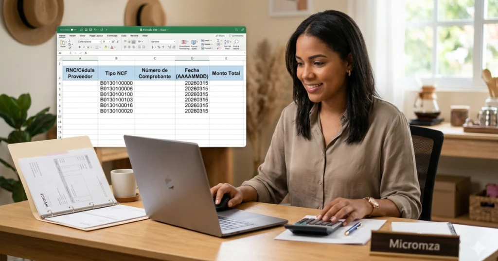 Una emprendedora dominicana aprendiendo cómo llenar el Formato 606 de la DGII en 2026 con una guía de Micromza en su laptop