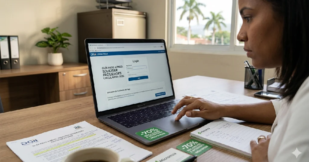 emprendedora frente al computador en la pestana dgii mostrando cómo solicitar las facilidades de la Circular 03-2026