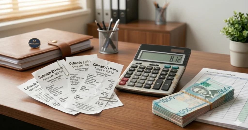 Escritorio con fajo de pesos dominicanos, calculadora y recibos de colmado para reportar el Comprobante B12 de Gastos Menores en RD
