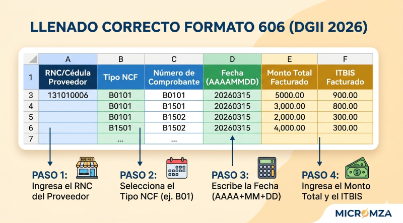 Guía visual de Micromza sobre cómo llenar el Formato 606 de la DGII en 2026, mostrando el ingreso de RNC, tipos de NCF y formato de fecha AAAAMMDD.