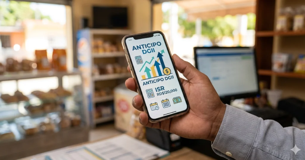 Pantalla de smartphone mostrando el monto de Anticipos DGII e ISR en una oficina virtual, representando la gestión fiscal de un negocio en República Dominicana.