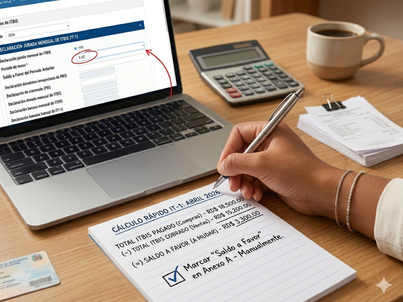 Primer plano de cálculo manuscrito de saldo a favor de ITBIS y recordatorio visual para llenado manual en el formulario IT-1 de la DGII.
