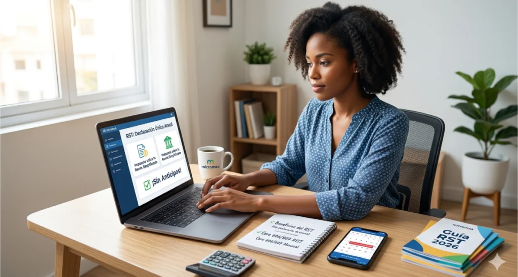 Una microempresaria dominicana trabaja en su laptop en un entorno de oficina en casa, mostrando RST en republica dominicana ,declaracion unica anual"¡Sin Anticipos!" y material de apoyo de micromza para la "Guía RST 2026