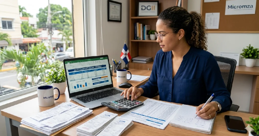 Una mujer contadora revisando el cálculo de anticipos DGII en su laptop y usando una calculadora, rodeada de facturas NCF en una oficina de Micromza, con la bandera de República Dominicana visible.