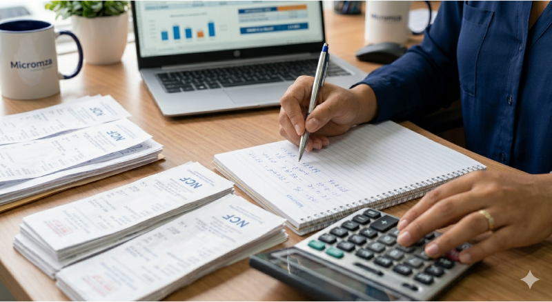 Primer plano de una mano utilizando una calculadora y otra tomando notas en un cuaderno, con fardos de documentos fiscales NCF organizados sobre un escritorio de madera, manteniendo la estética de la oficina de Micromza.