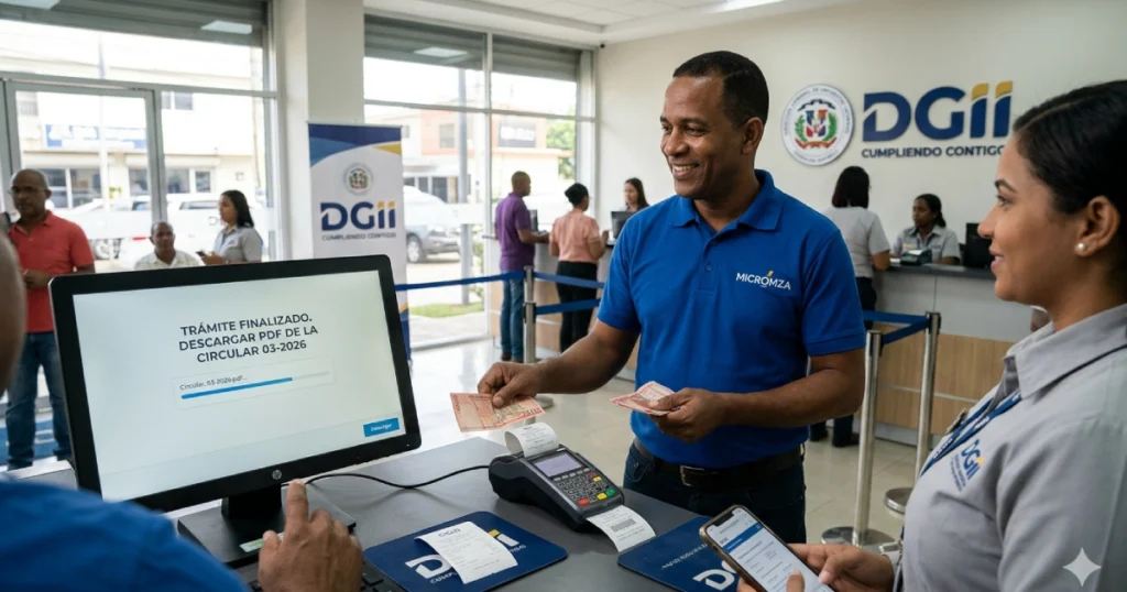 Microemprendedor dominicano en una oficina de la DGII realizando un pago presencial y descargando un documento digital en una pantalla que dice Circular 03-2026 -DGII-PDF