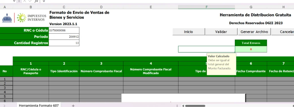 captura de pantalla del excel del 607, mostrando como llenar el Formato 607 dgii