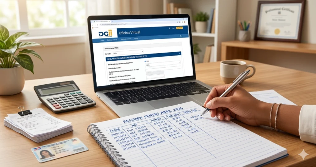 Escritorio de emprendedor dominicano con cuaderno de ventas y laptop abierta en la Oficina Virtual de la DGII para llenar el formulario IT-1 en 2026.