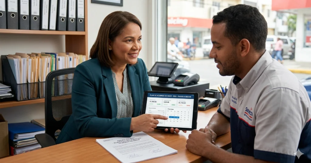 Mentora contable explicando a un microempresario dominicano cómo cumplir despues de un acuerdo de pago de la Circular 03-2026 de la DGII y la fecha límite del 15 de mayo.