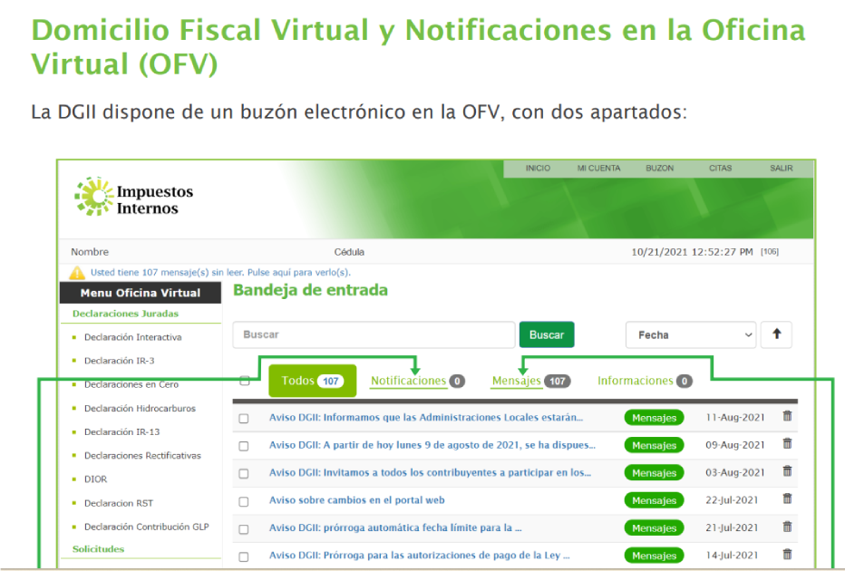 imagen de pantalla mostrando donde encontrar las notificaciones para no ignorar una notificacion de la dgii