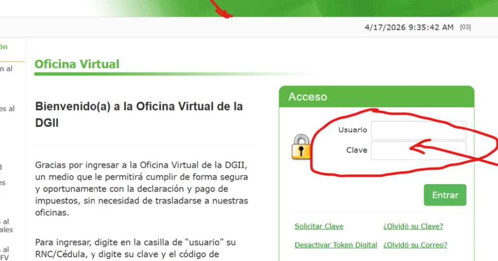 Captura de pantalla del inicio de sesión en la Oficina Virtual DGII señalando con una flecha roja el campo para ingresar el RNC y la clave o Token de seguridad.