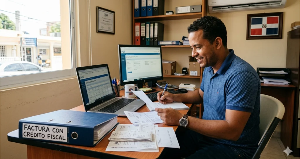 un hombre dominicanao haciendo trabajando en el reporte de la dgii para evitar los errores comunes del 607 dgii