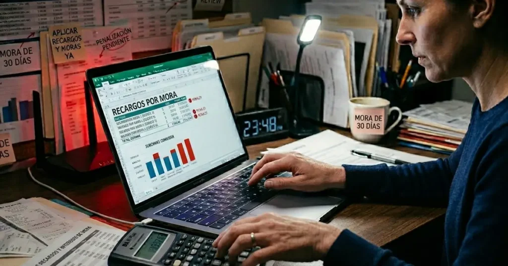 microempresaria preparando reporte por recargos por mora dgii