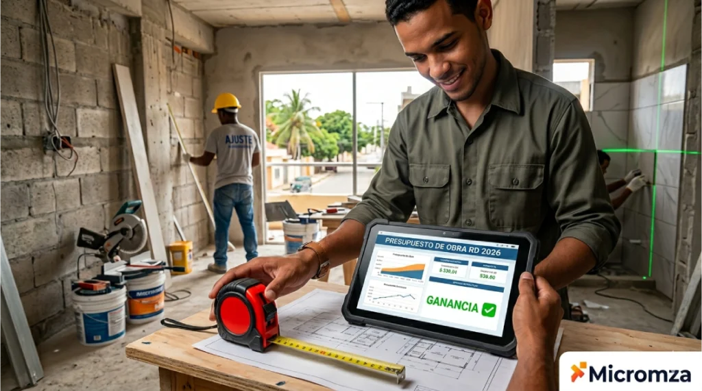 Un microempresario dominicano revisando un presupuesto de obra de una casa en una tableta digital dentro de una remodelación en progreso. en un proyecto de negocio de remodelación